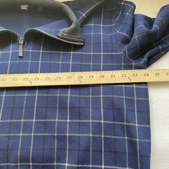 Lands End Sweater Men XL Blue Green Tan Plaid 1/4 Zip Knit Pullover Collared - Picture 7 of 13